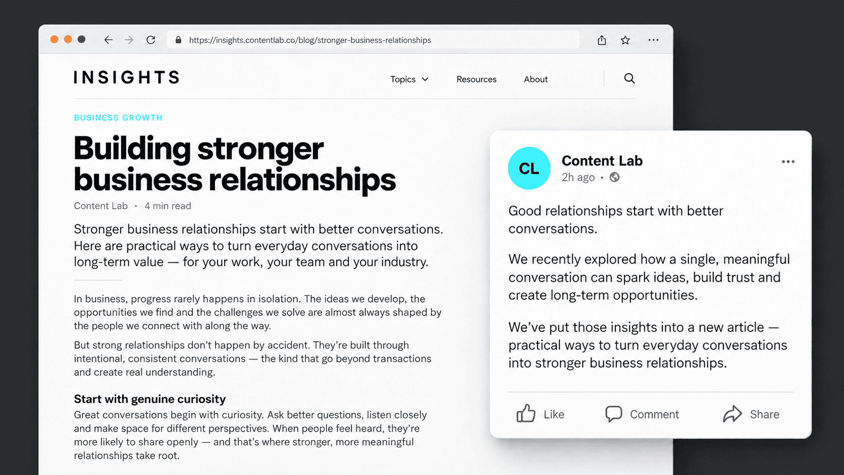 Illustrative blog article and social post repurposed from a conversation